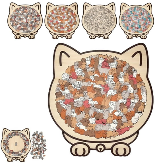 135-Piece Mailard/Macaron/Wooden/Morandi-Colored Cat Shaped Wooden Jigsaw Puzzle for Adults, Cute Animal Cats Decorative with Adorable Cats Outlines Framed and Acrylic Cover, Home Decor & Gift