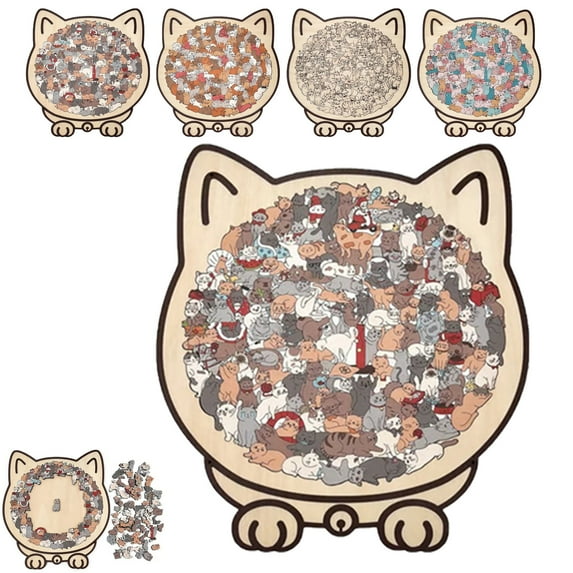 135-Piece Mailard/Macaron/Wooden/Morandi-Colored Cat Shaped Wooden Jigsaw Puzzle for Adults, Cute Animal Cats Decorative with Adorable Cats Outlines Framed and Acrylic Cover, Home Decor & Gift