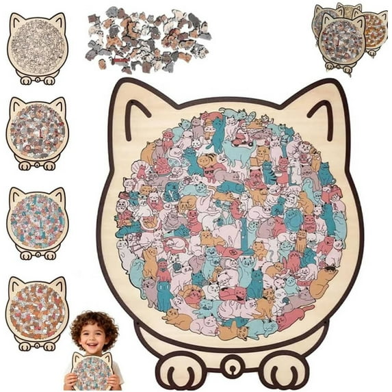 135-Piece Morandi-Colored Cat Shaped Wooden Jigsaw Puzzle, 135-Piece Cat Shaped Wooden Jigsaw Puzzle with Framed by Adorable Cats Outlines, Unique Cute Animal Cats Shape Woodens Puzzles Decor