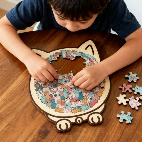 135-Piece Morandi-Colored Cat Shaped Wooden Jigsaw Puzzle, Cat-Shaped Wooden Puzzle 135 Pieces – Challenging Irregular Jigsaw with Frame & Elegant Morandi Colors B