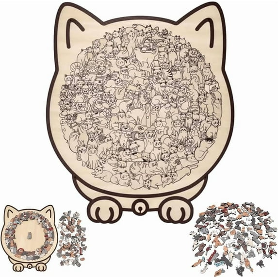 135-Piece Morandi-Colored Cat Shaped Wooden Jigsaw Puzzle, Cats Shaped Wooden Puzzle, Unique Animal Shape Wood Puzzle, Creative Puzzle Gifts for Cat Lovers, Puzzles for Adults ADHD,Travel Game-D