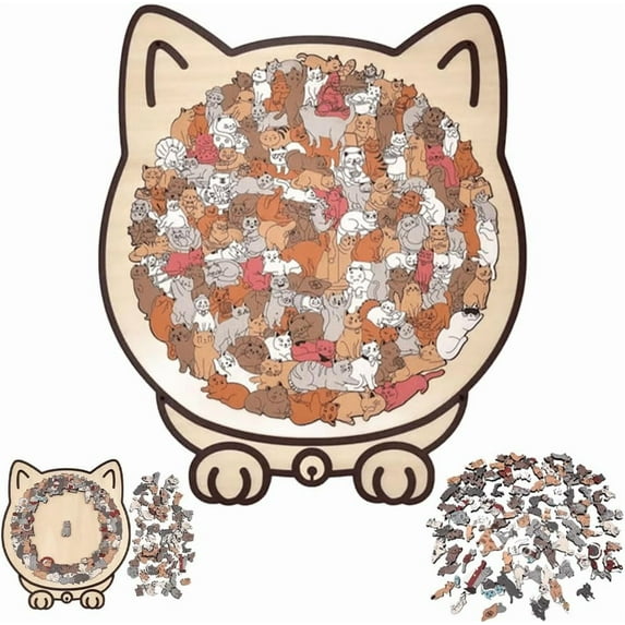 135-Piece Morandi-Colored Cat Shaped Wooden Jigsaw Puzzle, Cats Shaped Wooden Puzzle, Unique Animal Shape Wood Puzzle, Creative Puzzle Gifts for Cat Lovers, Puzzles for Adults ADHD,Travel Game-B