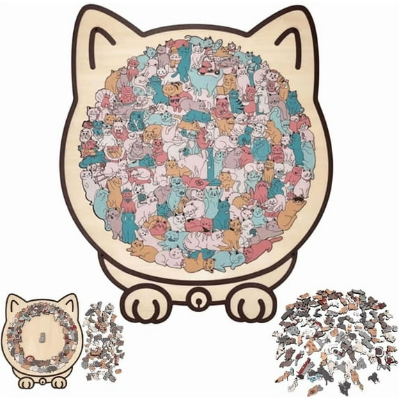135-Piece Morandi-Colored Cat Shaped Wooden Jigsaw Puzzle, Cute Cat Outline Wooden Puzzle, Creative Puzzle Gift, Home Decoration