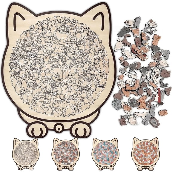 135-Piece Morandi-Colored Cat Shaped Wooden Jigsaw Puzzle, Cute Cat Puzzle, Challenging Irregular, Cute Home Decor for cat Lovers