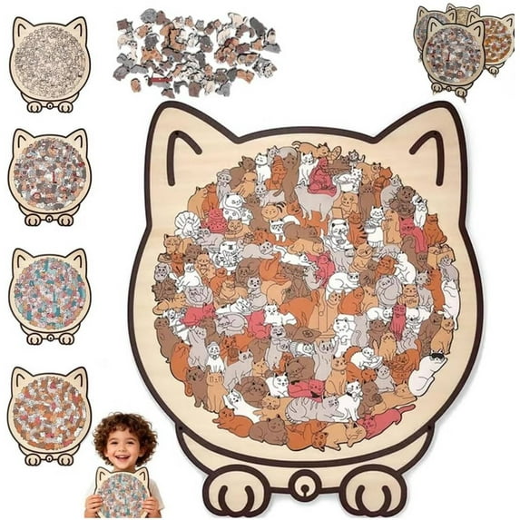 135-Piece Morandi-Colored Cat Shaped Wooden Jigsaw Puzzle, Detailed Cat-Themed Pieces, 3D Cats Wooden Jigsaw Puzzle, Unique Irregular Pieces, for Cats Lovers or Puzzle Fans
