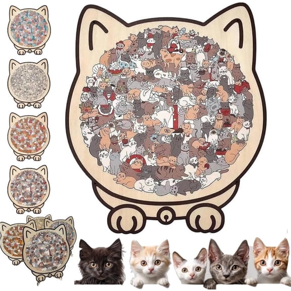 135-Piece Morandi Colored Cat Shaped Wooden Jigsaw Puzzle, Four styles Detailed Cat-Themed Pieces, Framed by Adorable Outlines, Challenging Irregular Pieces with Display Frame - Creative Home Decor G