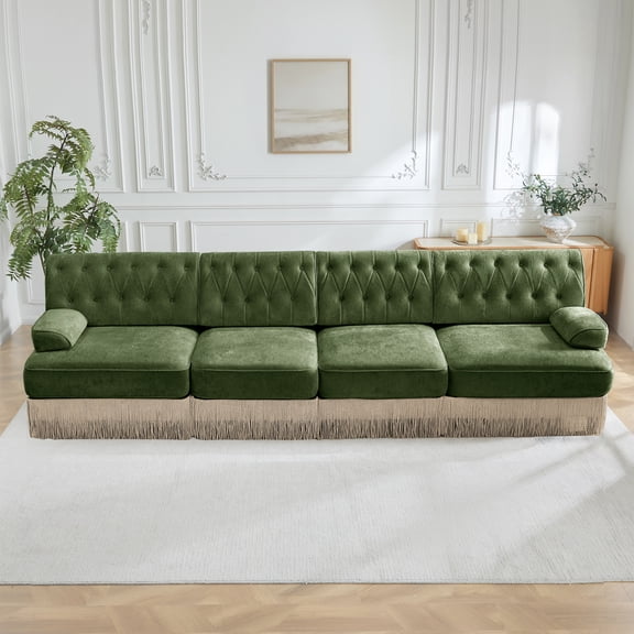 135" Soft Velvet Fabric,Button Tufted Design Chesterfield Style Sofa,Tassel Skir,Modular Combination Design,Premium Wooden Base,Easy to Assemble,High-density high resilience foam,For Lounge,Green