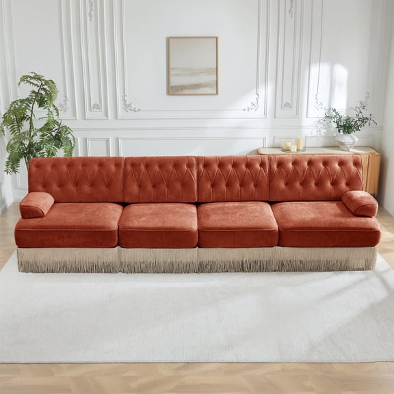 135" Soft Velvet Fabric,Button Tufted Design Chesterfield Style Sofa,Tassel Skir,Modular Combination Design,Premium Wooden Base,Easy to Assemble,High-density High Resilience Foam,For Lounge,Red Brown