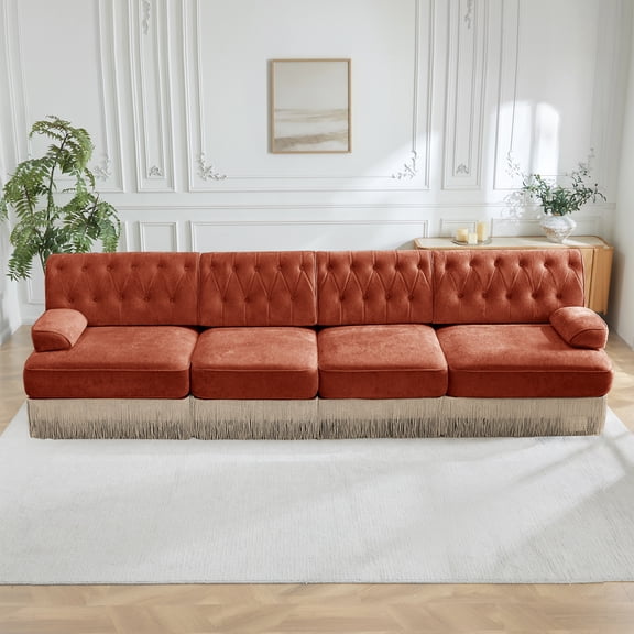 135" Soft Velvet Fabric,Button Tufted Design Chesterfield Style Sofa,Tassel Skir,Modular Combination Design,Premium Wooden Base,Easy to Assemble,High-density High Resilience Foam,For Lounge,Red Brow
