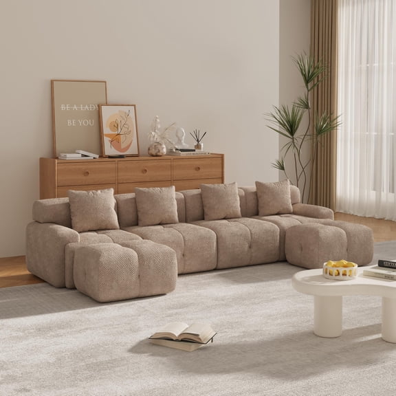 135" Tufted Fuzzy Modular Sleeper Sofa, Modern Sofa with No Assembly, Cloud Sectional Couch with Flexible Layout for Living Room​, Taupe
