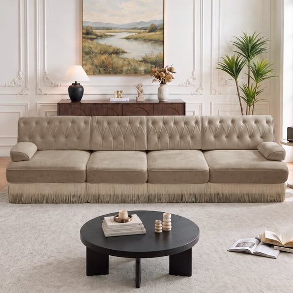 135" Velvet Fabric 4-Seater Sofa with Tassel Fringe Skirt and Button Tufted Design, Easy to Assemble