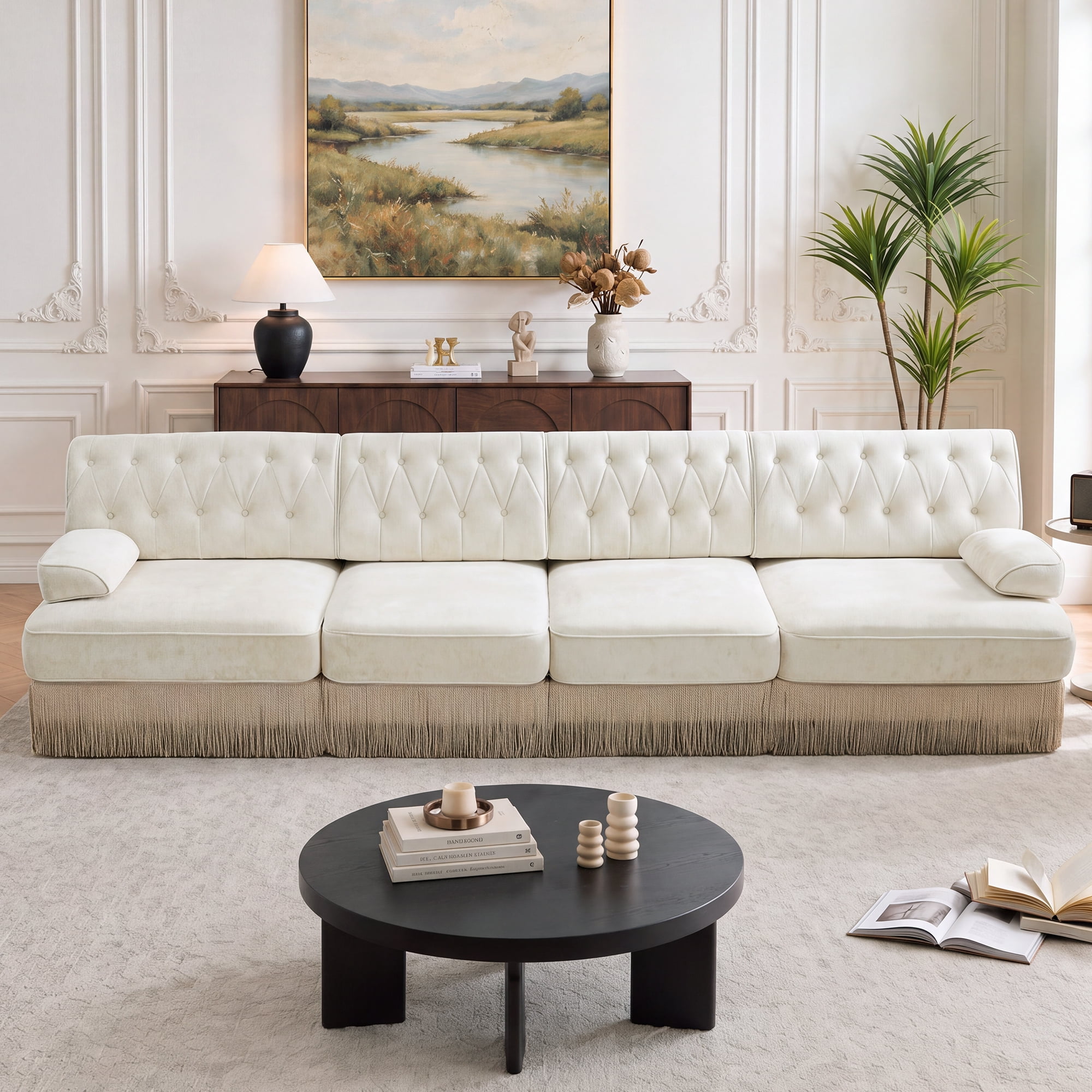 135" Velvet Fabric 4-Seater Sofa with Tassel Fringe Skirt and Button Tufted Design, Easy to Assemble