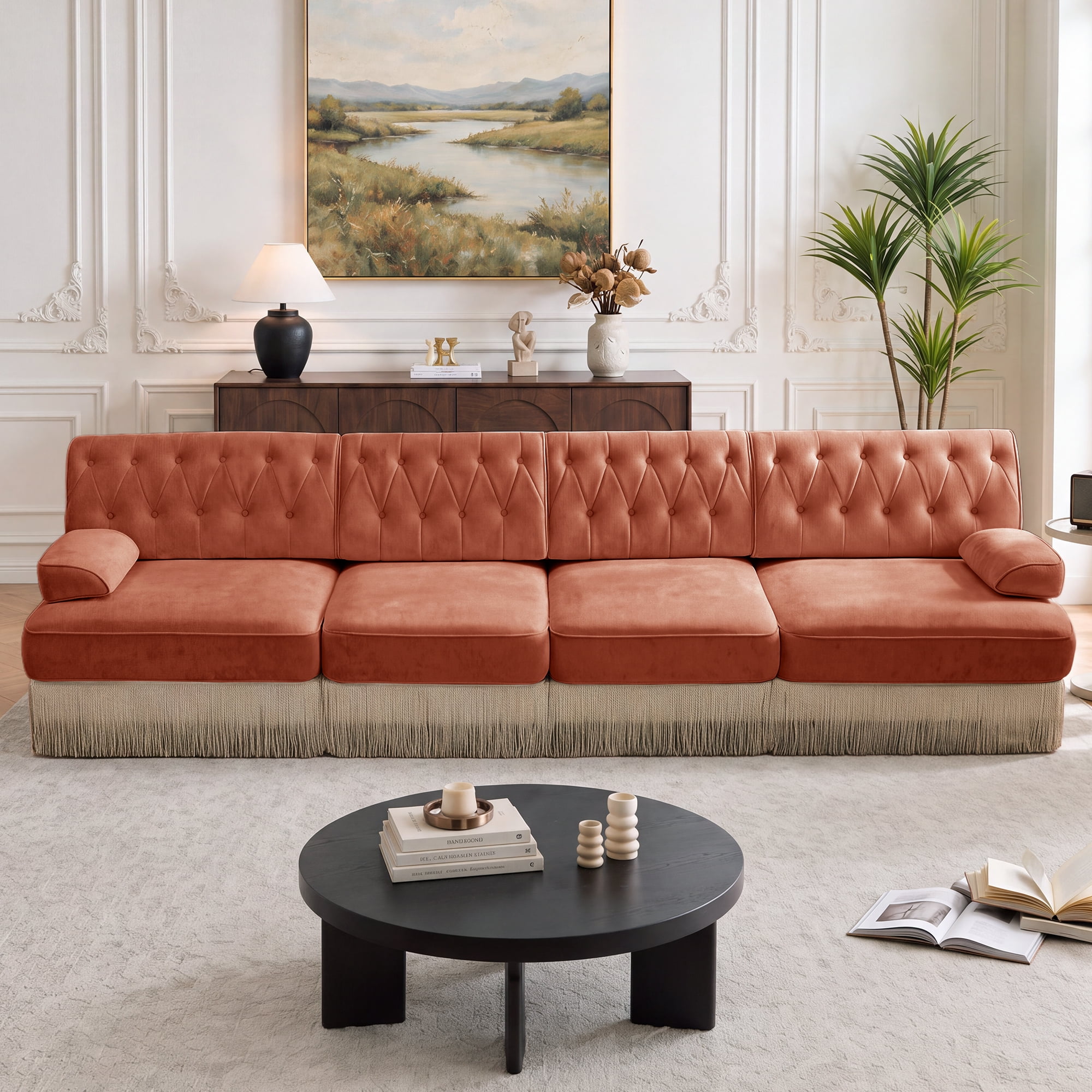 135" Velvet Fabric 4-Seater Sofa with Tassel Fringe Skirt and Button Tufted Design, Easy to Assemble