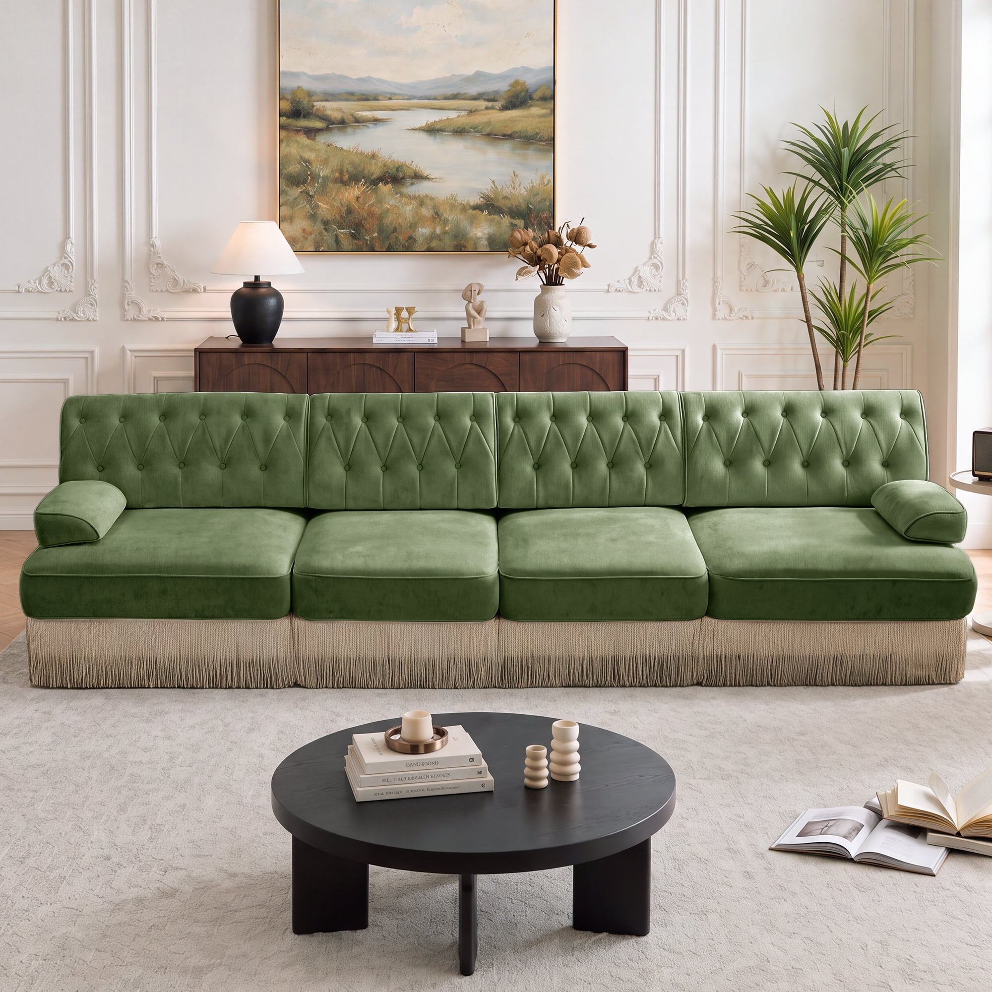 135" Velvet Fabric 4-Seater Sofa with Tassel Fringe Skirt and Button Tufted Design, Easy to Assemble