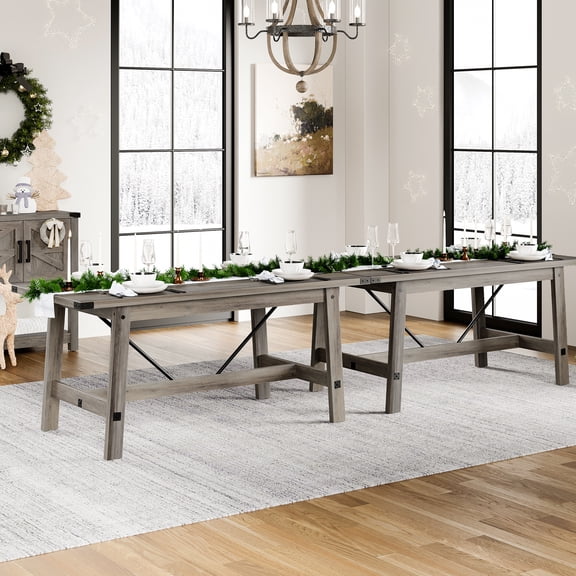 135" Wide Farmhouse Dining Table for 8-10 Person, Set of 2 Wood Kitchen Tables for Dining Room, Grayish Brown