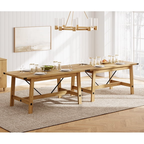 135" Wide Farmhouse Dining Table for 8-10 Person, Set of 2 Wood Kitchen Tables for Dining Room, Oak Wood