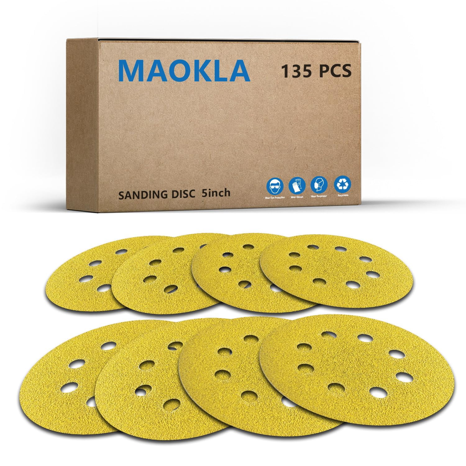 135-piece 5-inch sanding disc set, 8-hole, round hook-and-loop sandpaper, 40-400-grit sandpaper, gold, suitable for random orbital sanders