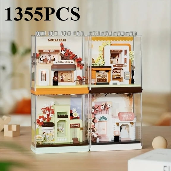 1355pcs Mini Street View Building Block Set, Construction Model With Transparent Dust Shield, Suitable For Desk & Bookcase Decoration, Christmas, Valentines Day & Birthday Presents