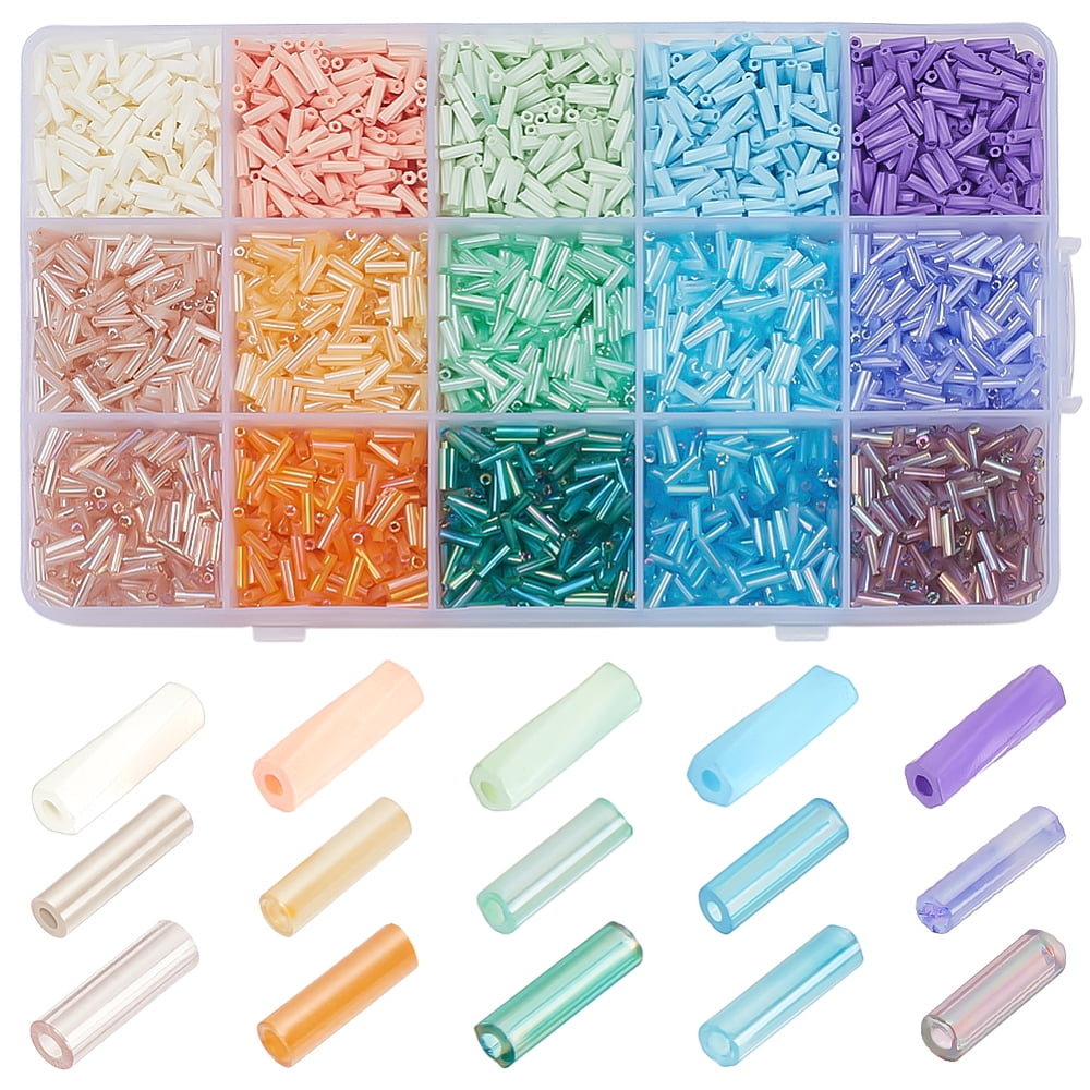 135G 15 Styles Glass Round Bugle Mixed Shape Mixed Color 2x6mm Hole: 0.8mm 9g/style