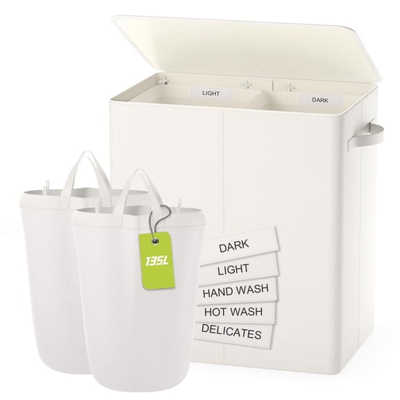 135L Large Laundry Hamper with Lid, 2 Section Beige Laundry Sorter Basket, 2 Removable Washable Bags & 5 Labels, Clothes Hamper for Bedroom, Bathroom, Laundry Room