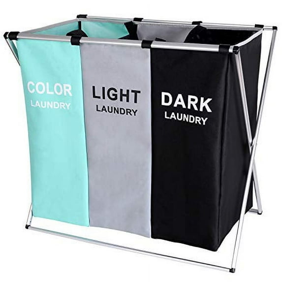 135L Laundry Cloth Hamper Sorter Basket Bin Foldable 3 Sections with Aluminum Frame 62cm × 37cm x 58cm Washing Storage Dirty Clothes Bag for Bathroom Bedroom Home (Green+Grey+Black)