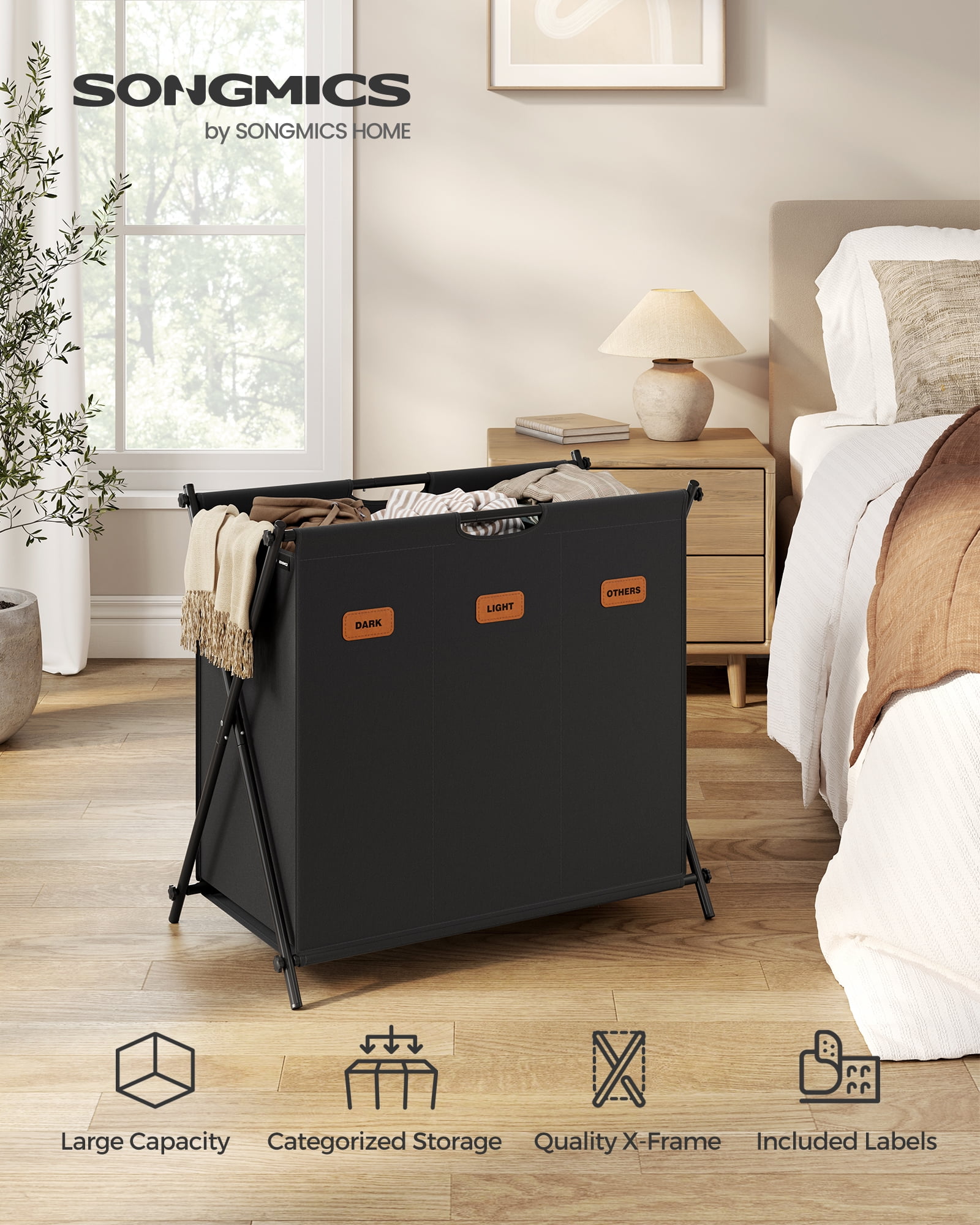 135L Laundry Hamper Laundry Basket Laundry Sorter 3 Sections Collapsible X-Frame Clothes Organizer for Laundry Room Bedroom Ink Black