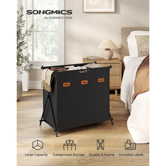 135L Laundry Hamper Laundry Basket Laundry Sorter 3 Sections Collapsible X-Frame Clothes Organizer for Laundry Room Bedroom Ink Black