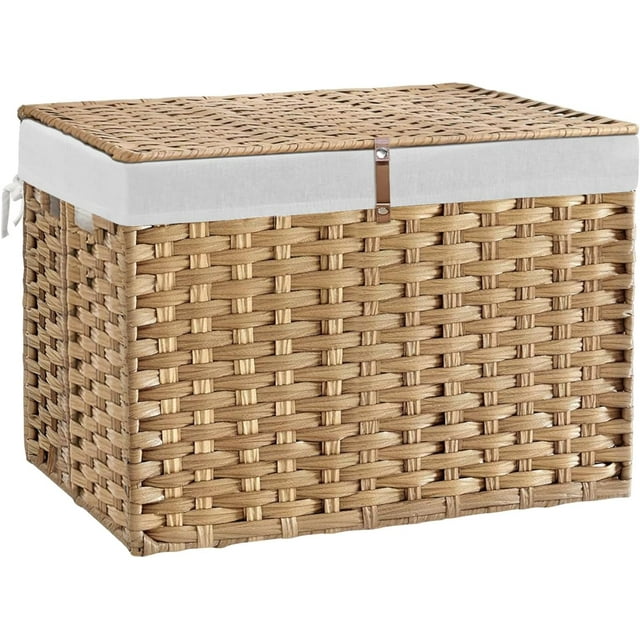 135L Wicker Storage Basket with Lid, Handwoven Large Shelf Basket with Removable Liner, 35.7 Gallon Wicker Basket for Blanket, Storage Trunk with Handle for Closet, Bedroom, Livingroom, Natural
