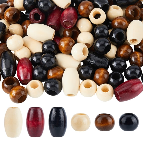 135Pcs 6 Styles Wooden Beads Large Hole Macrame Loose Beads Mixed Color Rondelle Barrel Wood Bead for DIY Crafts Jewelry Making Hair Braids Home Decor