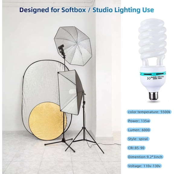 135W Light Bulb 5500K CFL Daylight Spiral Softbox Lighting Kit Bulb in E27/E26 Socket for Photography Photo Box