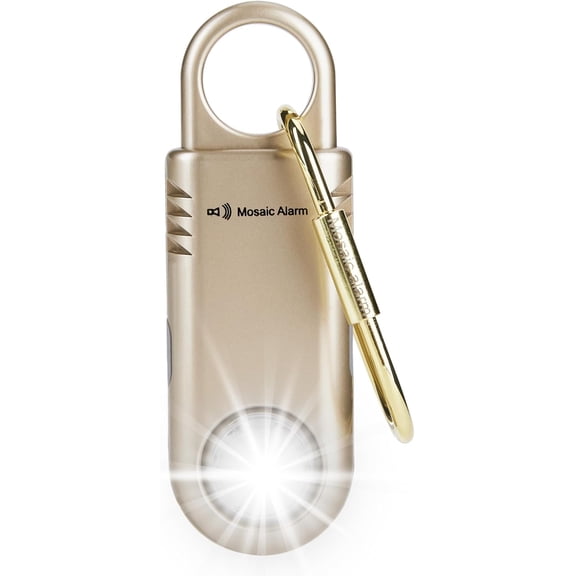 135dB Recharable Personal Safety Alarm Built-in Ultra-Bright Flashlight Non Slip Grip Keychain Emerncy SOS Siren for Women, Students, Night Runner. Loud Sound Hiking Bear Alerts with Hook. Gold
