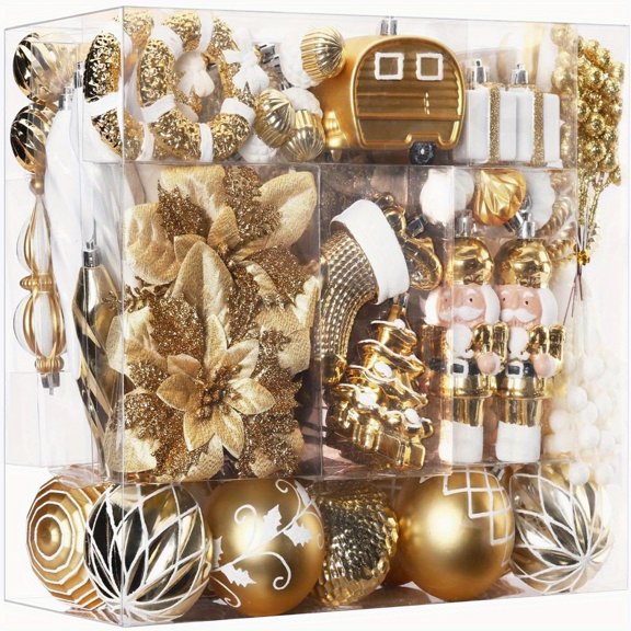 135pcs Christmas Balls Ornaments Set - Shatterproof Plastic Balls + Artificial Flowers + Nutcracker + Hanging String, Mix-Match Bauble Box for Tree/Garland, Home Christmas Decor