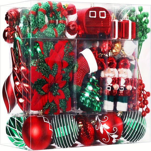 135pcs Christmas Balls Ornaments Set - Shatterproof Plastic Balls + Artificial Flowers + Nutcracker + Hanging String, Mix-Match Bauble Box for Tree/Garland, Home Christmas Decor