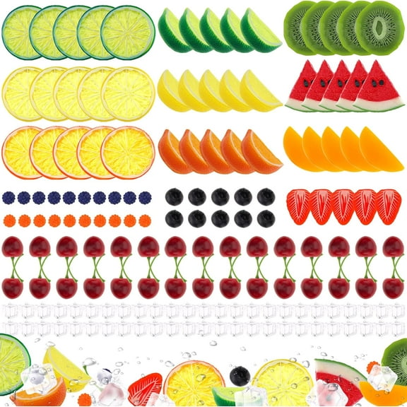 135pcs Fake Mix Fruit Decoration Artificial Strawberry Apple Lemon Kiwi Slice Realistic Watermelon Block Lifelike Cherry Raspberry Ice Cube Model