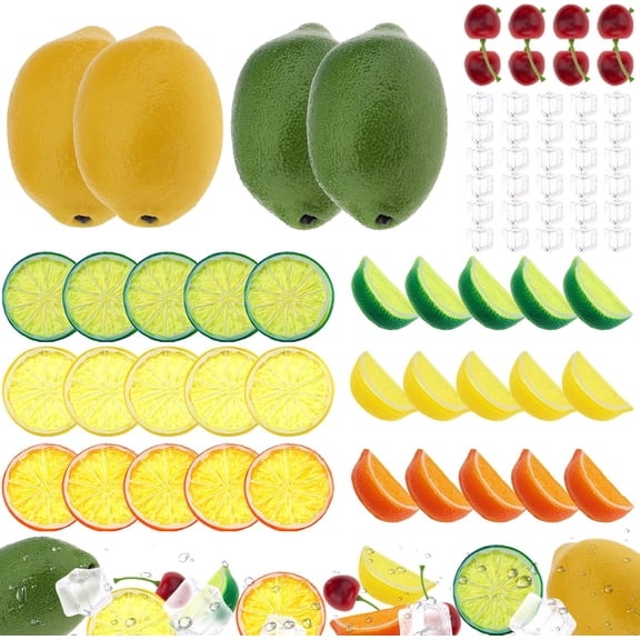 135pcs Fake Mix Fruit Decoration Artificial Strawberry Apple Lemon Kiwi Slice Realistic Watermelon Block Lifelike Cherry Raspberry Ice Cube Model