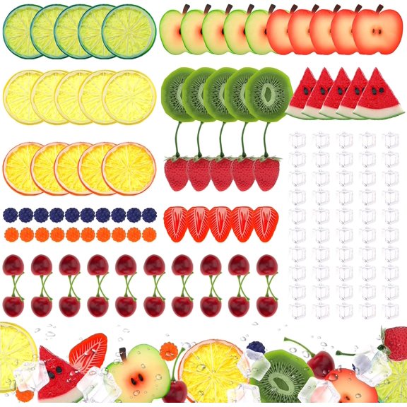 135pcs Fake Mix Fruit Decoration Artificial Strawberry Apple Lemon Kiwi Slice Realistic Watermelon Block Lifelike Cherry Raspberry Ice Cube Model