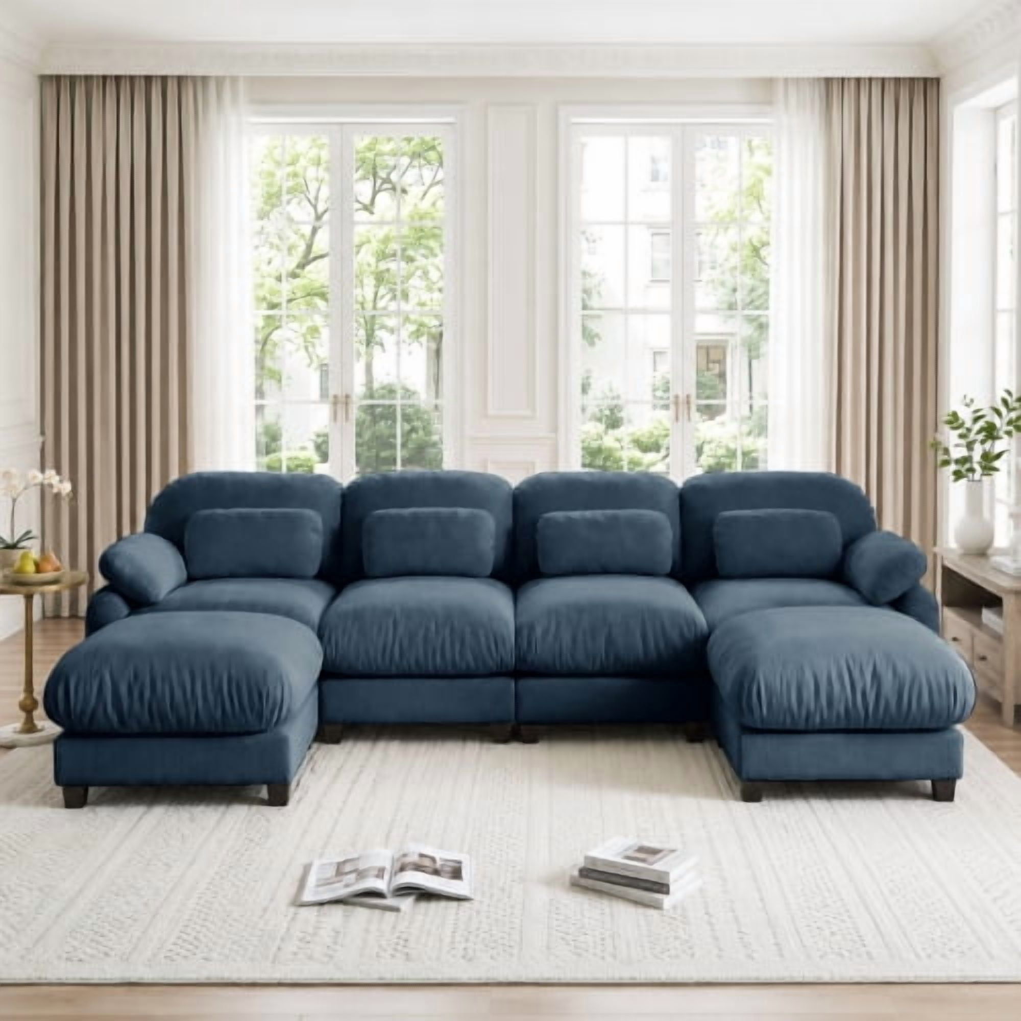 136.2" U-Shaped Cloud Feel 4-Seater Sofa Set with 2 Removable Ottomans, Luxe Chenille Modular Sectional Couch, Extra Wide Deep Seat, Blue