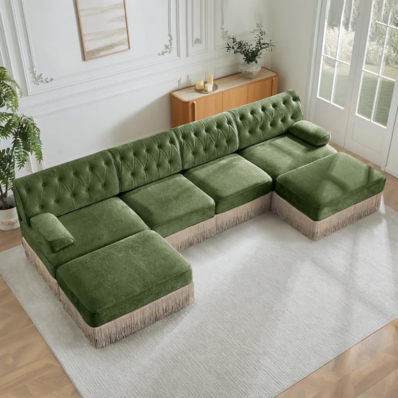 136.5'' Modular Sectional Sofa, Chesterfield Velvet U-Shaped Couch, Upholstered 4-Seater Sofa with 2 Ottomans, Button Tufted, Tassel Fringe Skirt, Deep Couches for Living Room, Bedroom, Green