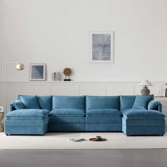 136" Chenille Modular Sectional Sofa with Deep and Wide Seat, U-Shaped Cloud Couch Set with Double Cushions, 6 Seat Sofa with Movable Ottoman, Oversized Indoor Furniture (Blue)