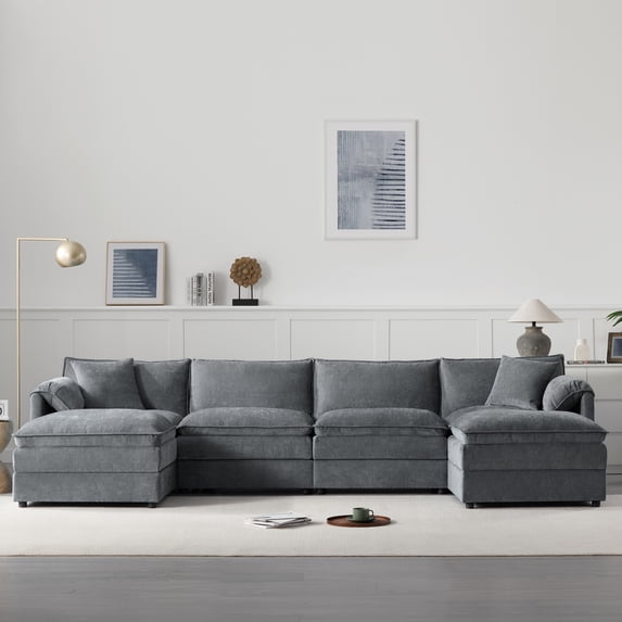 136" Chenille Modular Sectional Sofa with Deep and Wide Seat, U-Shaped Cloud Couch Set with Double Cushions, 6 Seat Sofa with Movable Ottoman, Oversized Indoor Furniture (Gray)