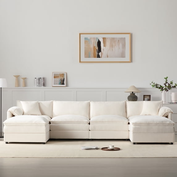 136" Chenille Modular Sectional Sofa with Deep and Wide Seat, U-Shaped Cloud Couch Set with Double Cushions, 6 Seat Sofa with Movable Ottoman, Oversized Indoor Furniture (White)