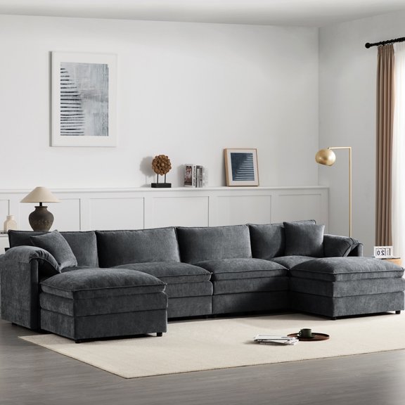 136" Chenille U Shaped Design - Enhanced Comfort with Double Cushions - Living Room Relaxation - Ample Space for 6 to Sit Comfortably