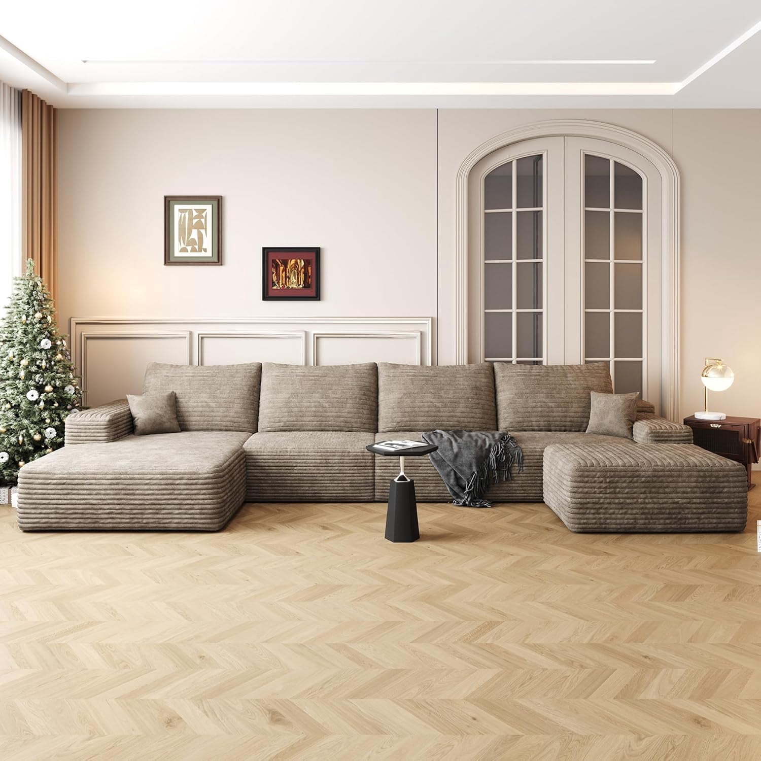 LUCKHAO 136" Cloud Comfort U-Sectional, Plush Corduroy Modular Sofa, Deep Seat Couch with Chaise, No Assembly Needed