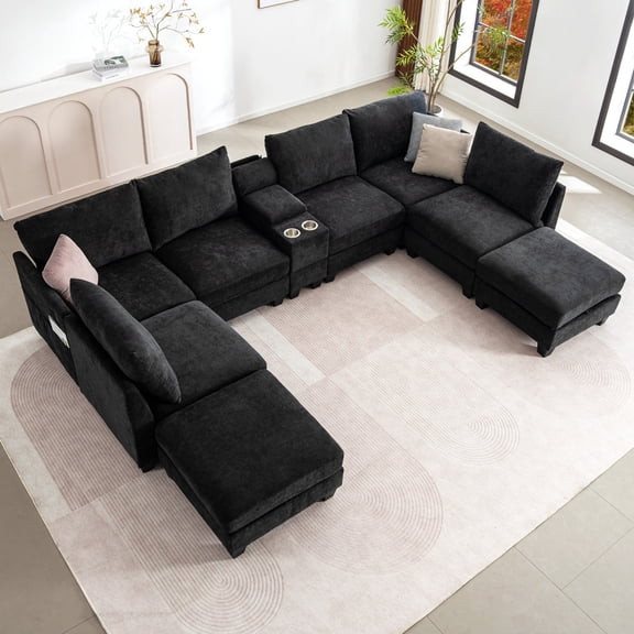 136 '' Modern U-Shaped Modular Sectional Sofa, Couch with Center Console, Cup Holders, Storage Ottoman, and Built-in USB Charger