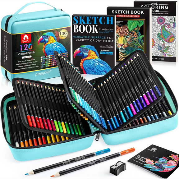 136 Pack Colored Pencils Set with Portable Gift Case, Art Supplies 120 Colored Pencils, 3-Color Sketch Book, Coloring Book, Sketchbook, Sharpener, Professional Drawing Pencils for Adults Kids(Green)