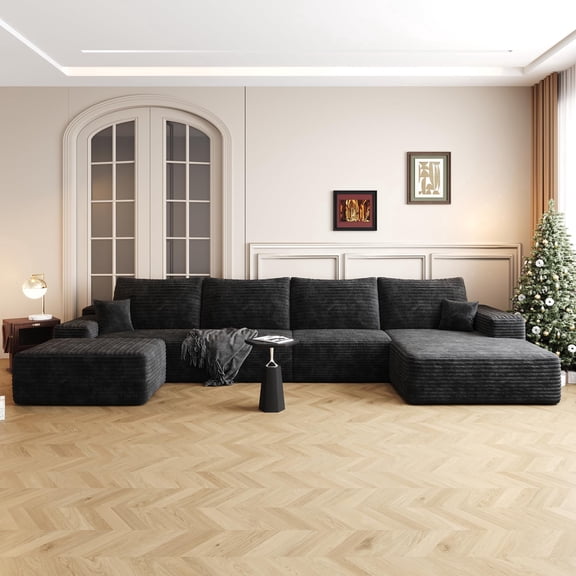 ODUWA 136" U-Shaped Modular Sectional Sofa with Chaise and Ottoman, Corduroy Upholstery for Living Room, Black