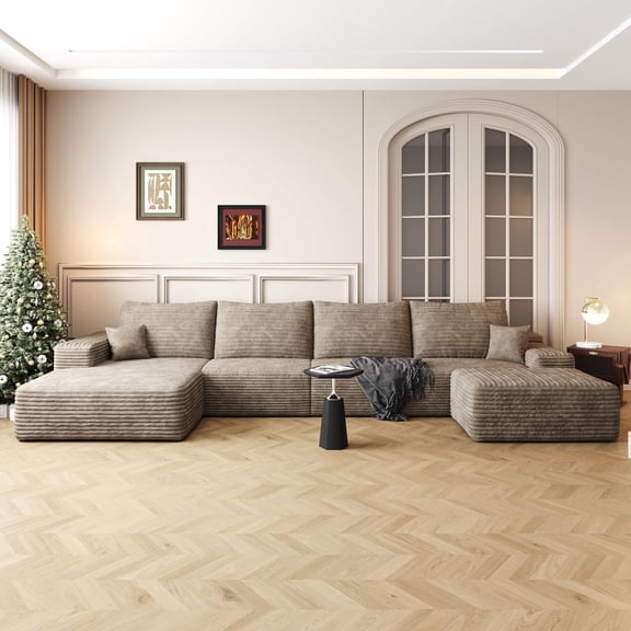 136" U Shaped Sectional Sofa, Oversized 5-Seater Modular Couch with Chaise & Ottoman, 20.9" Seat Depth, No Assembly Required, Corduroy Living Room Sofa, Camel