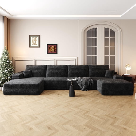 ODUWA 136" U-Shaped Modular Sectional Sofa with Chaise and Ottoman, Corduroy Upholstery for Living Room, Black