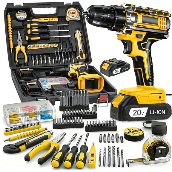 136-piece heavy-duty cordless electric drill tool set (including 2 batteries), lithium-ion drill press, screwdriver, drill bit, wrench, pliers All-purpose electric tool box set for home maintenance,