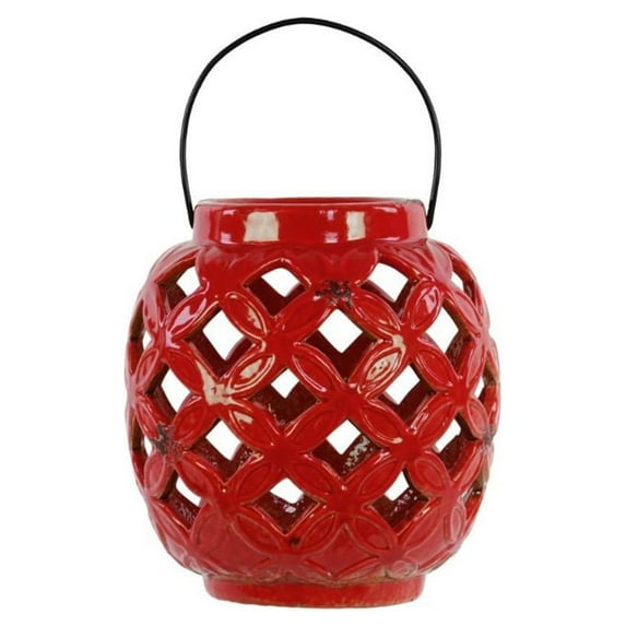 13615 Ceramic Lantern With Metal Handle - Red